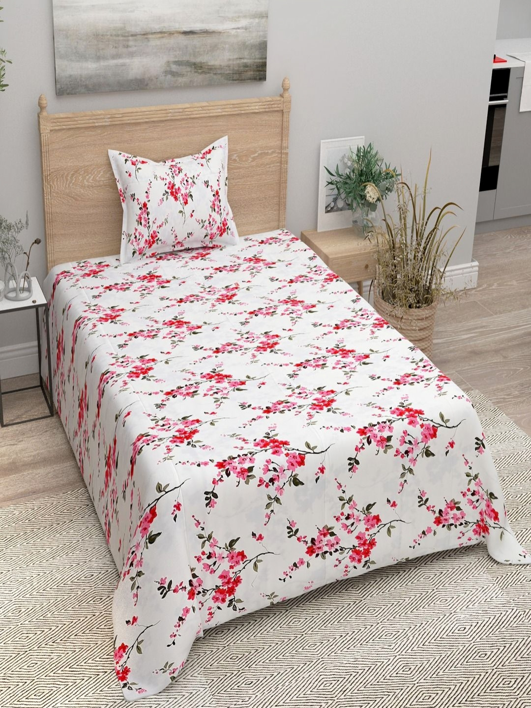 Aura Pink Floral Cotton 144 TC Single Bedsheet with a Pillow Cover-225 x 150 cm