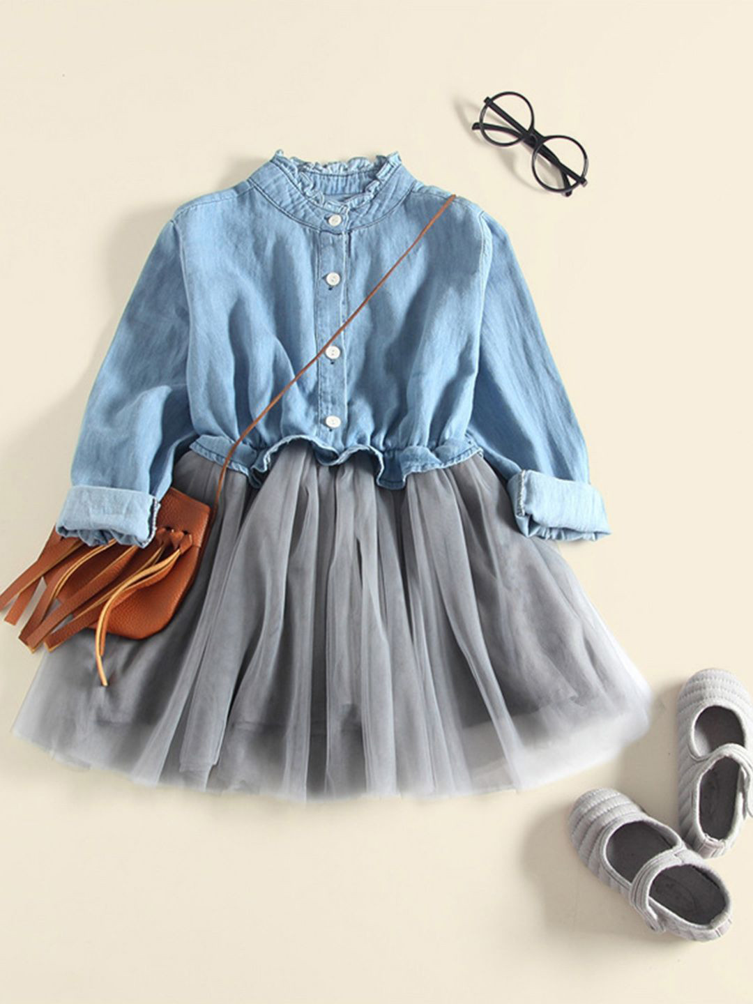 INCLUD Girls Fit & Flare Denim Bodice Long Sleeves Dress