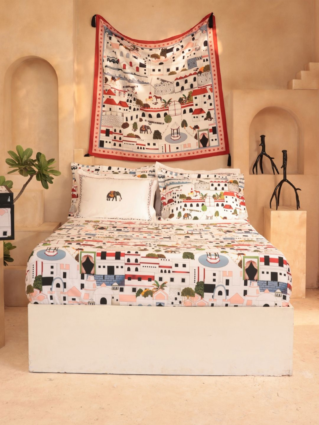 MYTRIDENT Velar White Ethnic Motifs Cotton 400 TC King Superfine Bedsheet with 4 Pillow Covers-108 x 108 inches