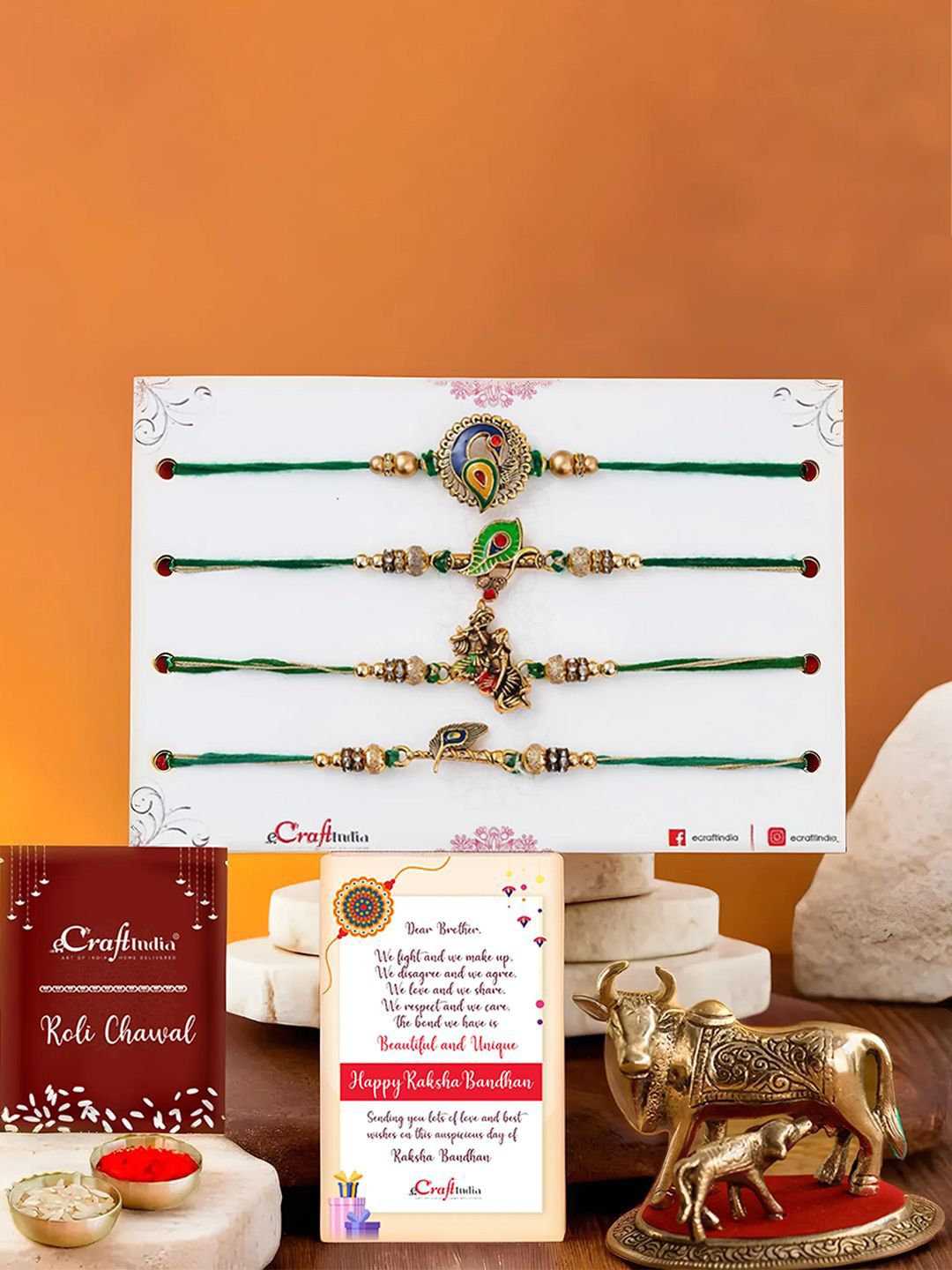 eCraftIndia Set Of 5 Rakhis With Cow & Calf Statue Gift Set