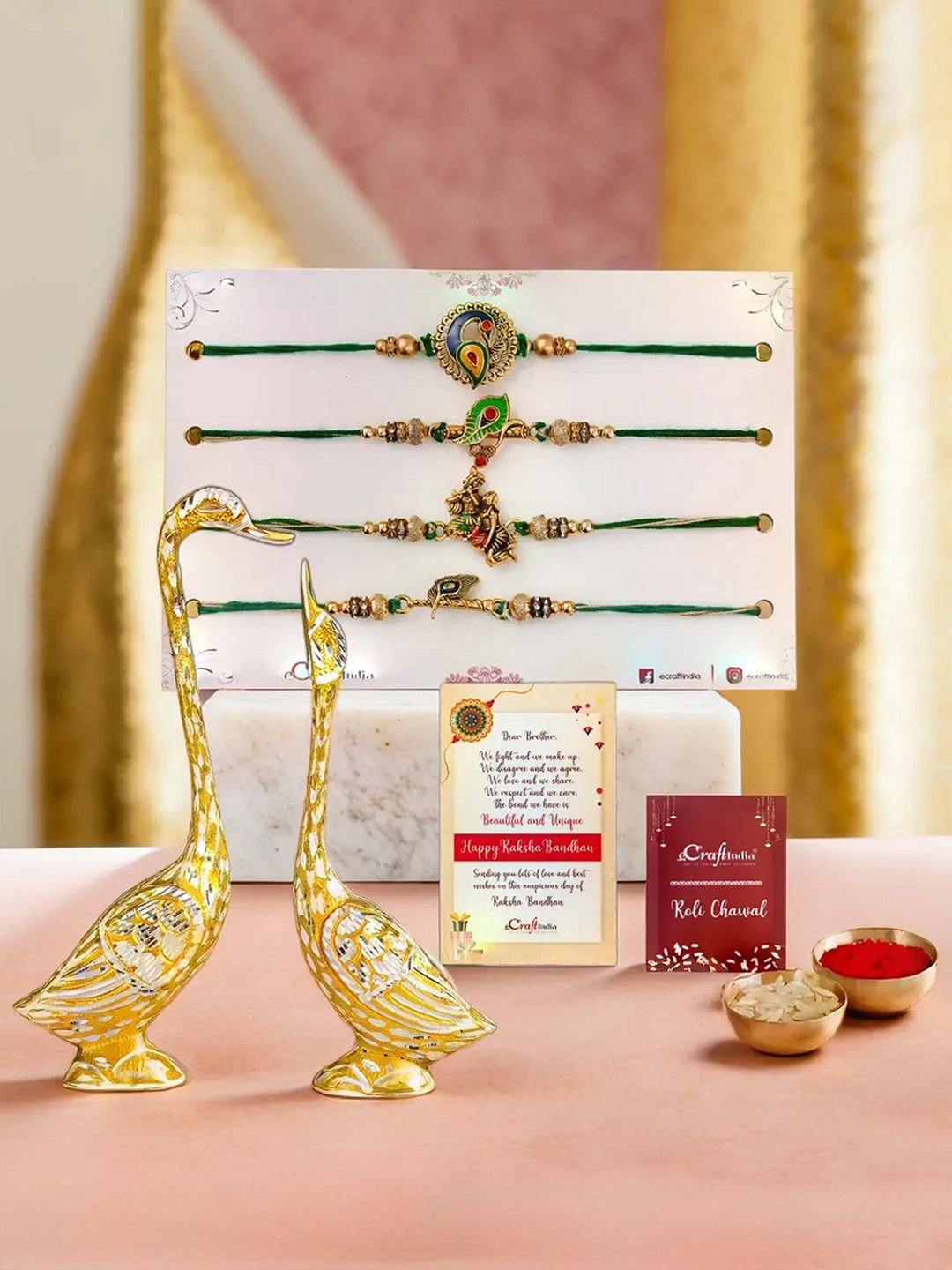 eCraftIndia Set of 6 Beaded Rakhis With Swan Couple Statues