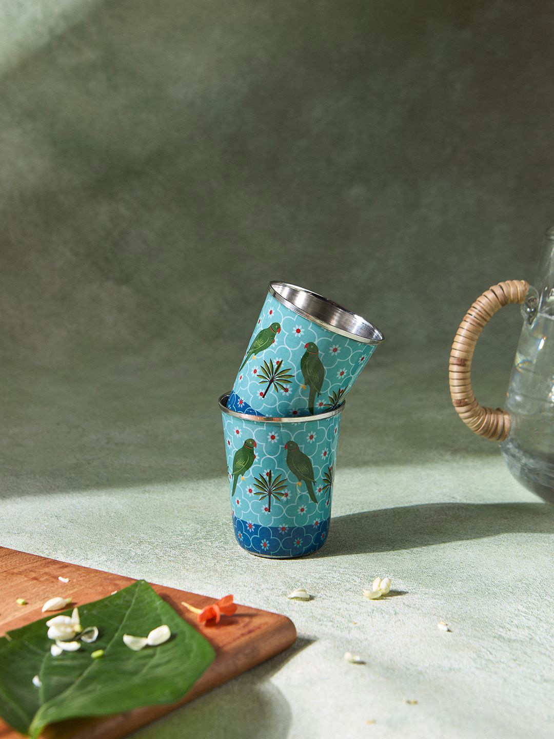 Chumbak Blue & Green 2 Pieces Printed Stainless Steel Tumblers 200ml Each