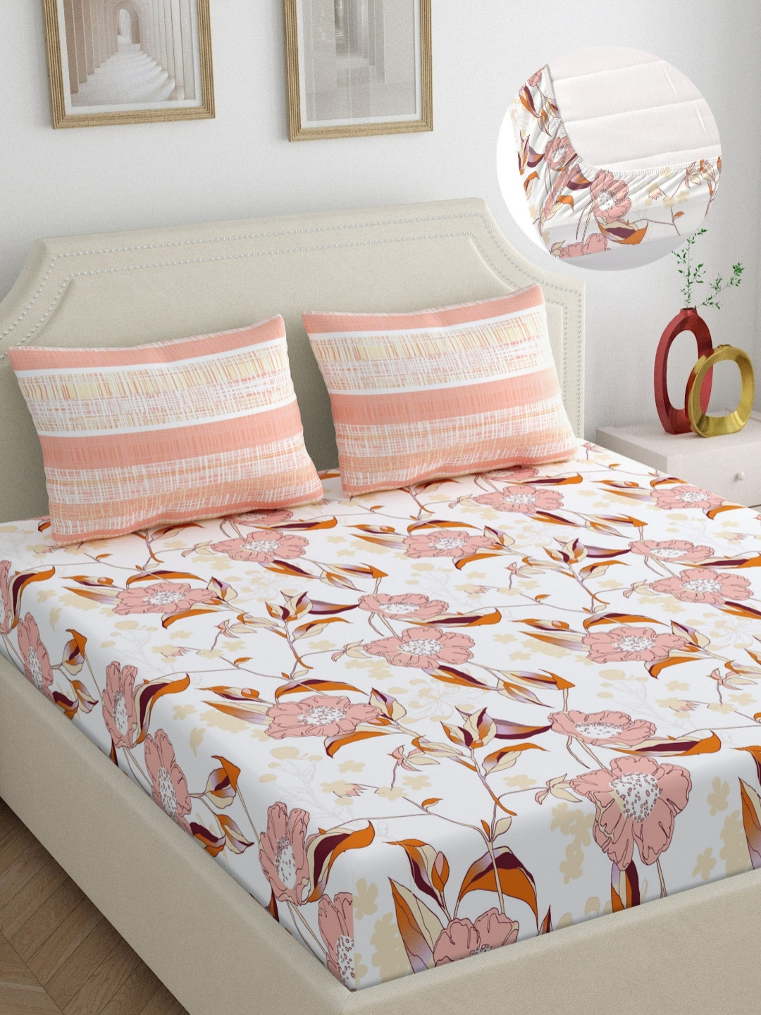 Home Ecstasy Beige Floral Cotton 300 TC Fitted King Fine Bedsheet with 2 Pillow Covers-72 x 78 inches