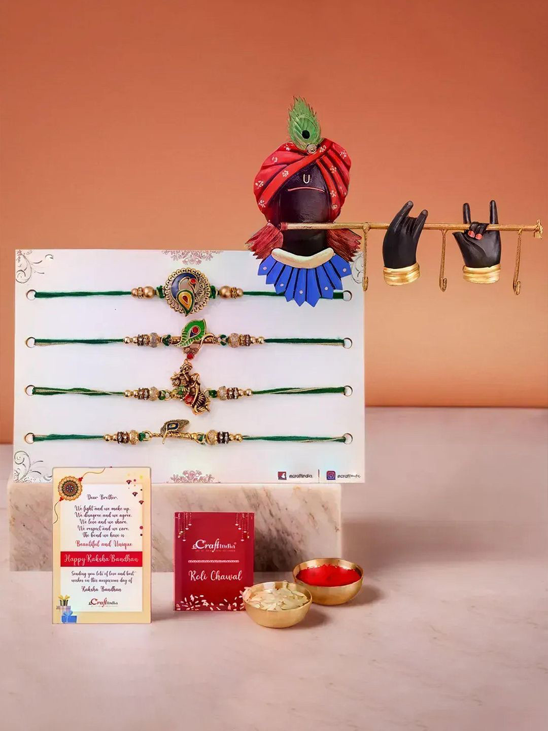 eCraftIndia Set Of 5 Radha Krishna & Peacock Rakhis With Krishna Playing Flute Key Holder