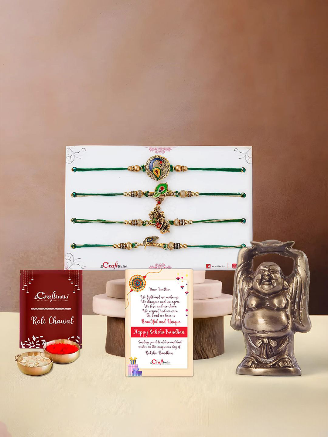 eCraftIndia Set of 4 Floral Rakhi With Laughing Buddha Statue