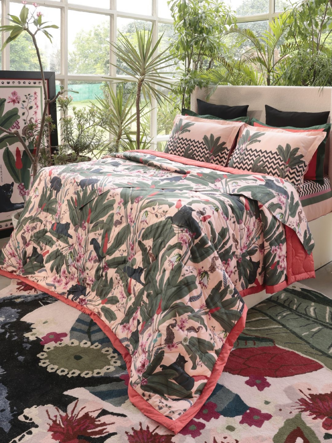 MYTRIDENT Pink & Green Floral Mild Winter 150 GSM Double Bed Comforter