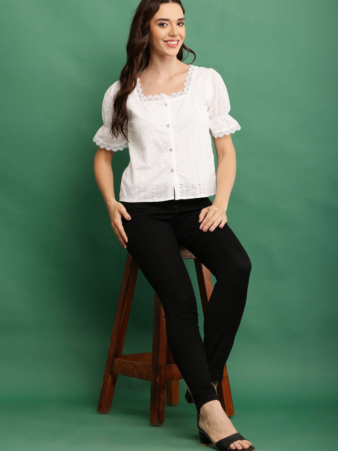 Absorbing Women Self Design Schiffli Square Neck Cotton Top