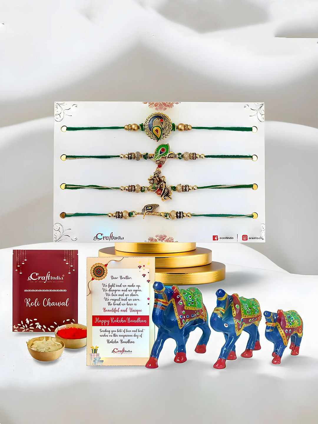 eCraftIndia Set of 4 Rakhis With 3-Pcs Camel Statues Animal Figurines