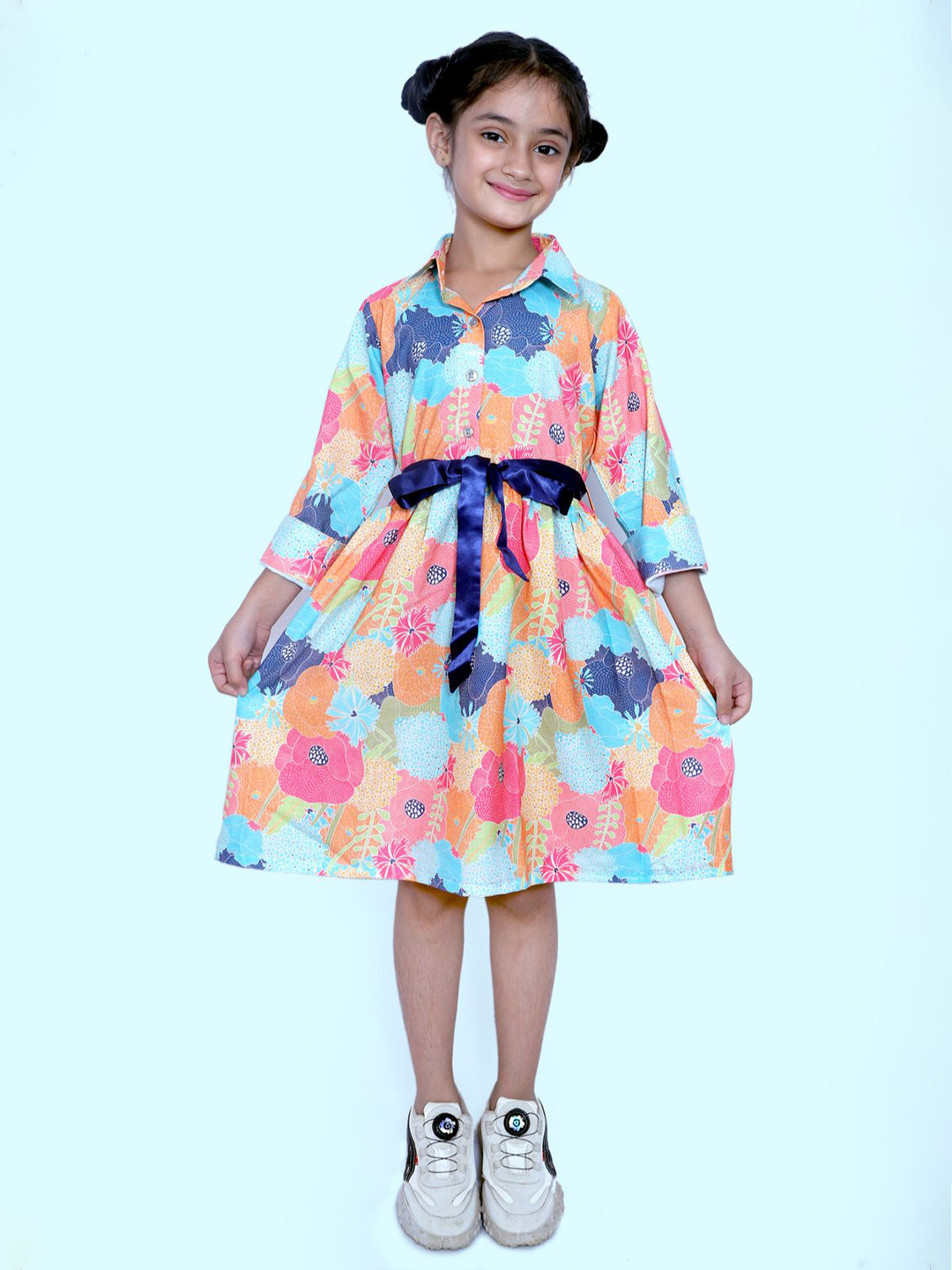 TILISM  girls Printed regular Sleeve shirt collar Fit & Flare Midi Dress