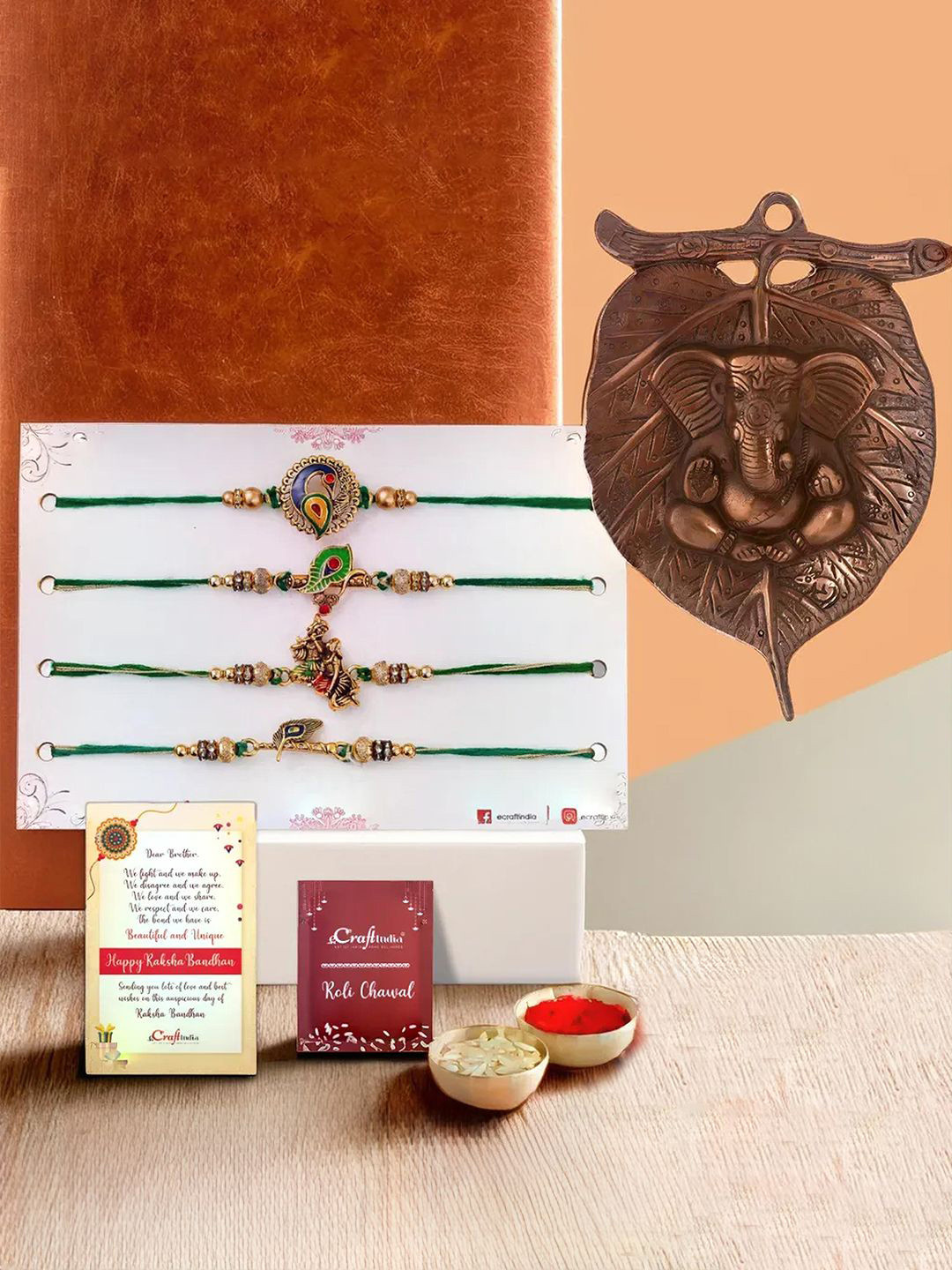 eCraftIndia Set Of 4 Rakhi With Wall Hanging & Greeting Card & Roli Chawal Gift Set
