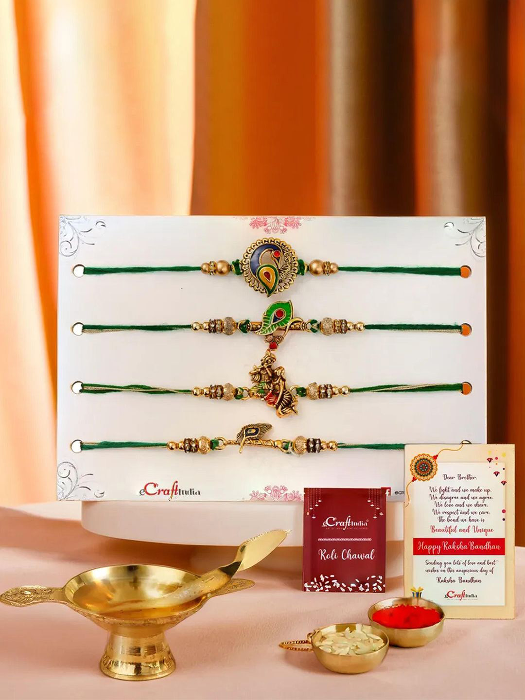 eCraftIndia Set of 5 Thread Rakhi & Brass Diya With Roli Chawal