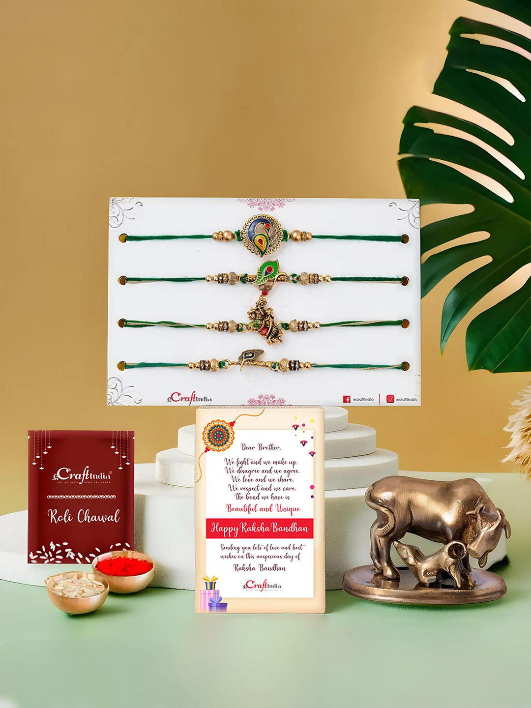 eCraftIndia Set of 5 Thread Rakhi & Brass Kamdhenu Cow and Calf Idol With Roli Chawal