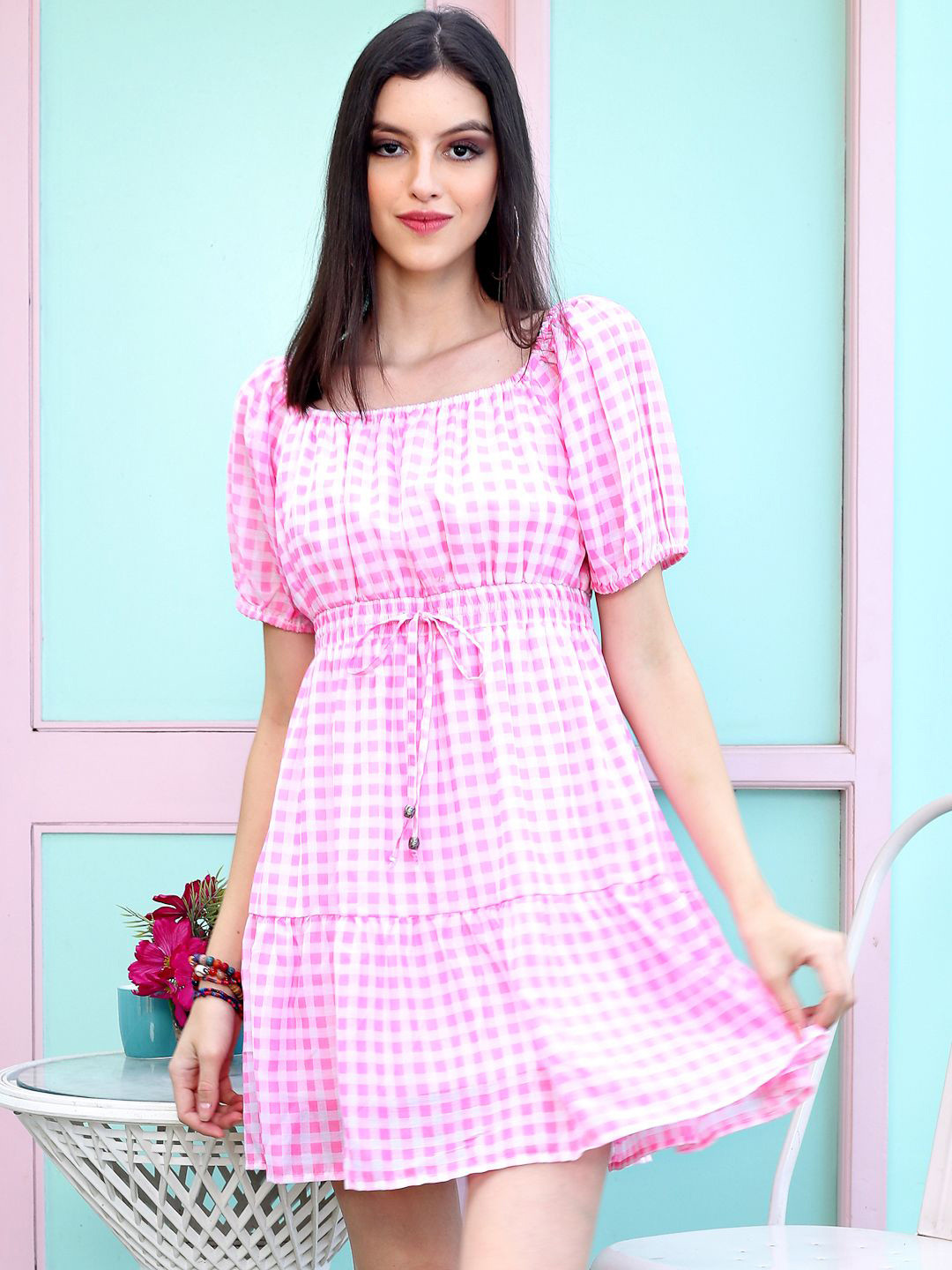 Sera girls Checked Checked Square Neck Fit and Flare Short Sleeves Mini Dresses