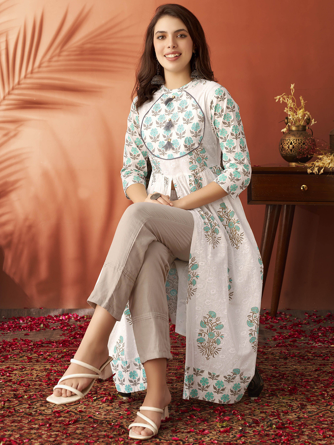 Anouk Sanganeri Block Printed Three-Quarter Sleeves Round Neck A-Line Flared Kurta