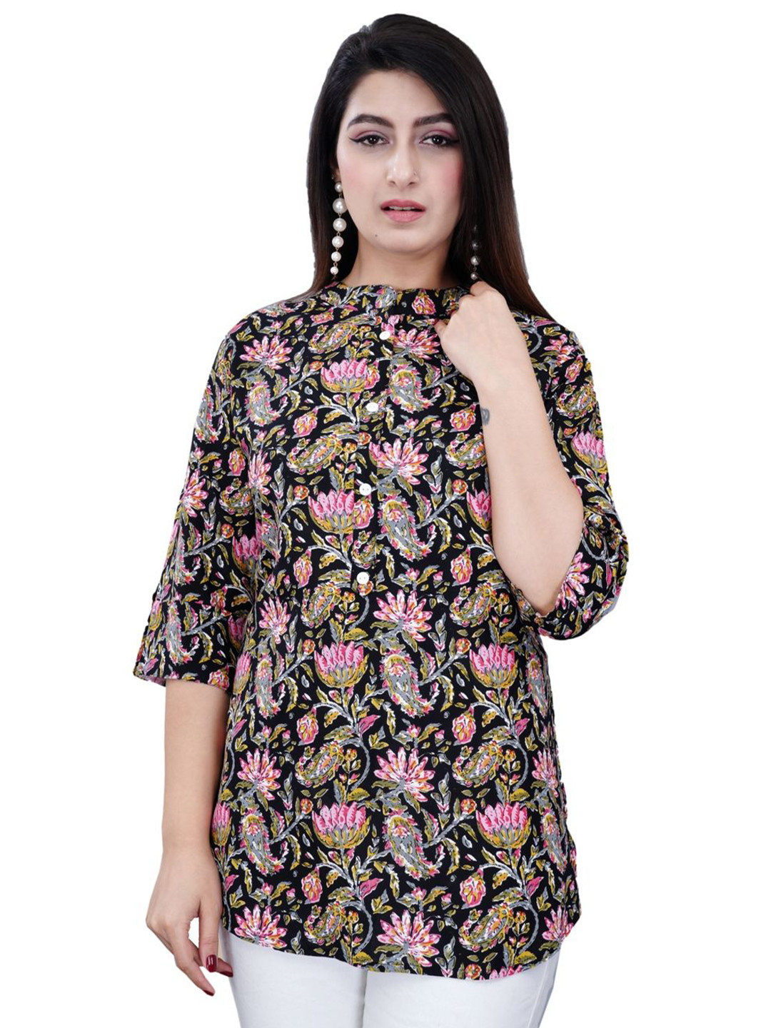 GUDWEARS Women Floral Printed Mandarin Collar  Top