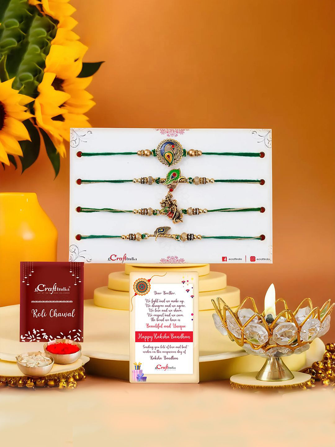 eCraftIndia Set Of 4 Rakhi With Lotus Diya & Greeting Card & Roli Chawal Gift Set
