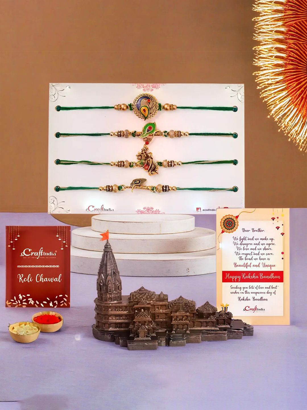 eCraftIndia Set Of 4 Rakhi Ram Mandir Ayodhya Temple Showpiece Greeting Card & Roli Chawal