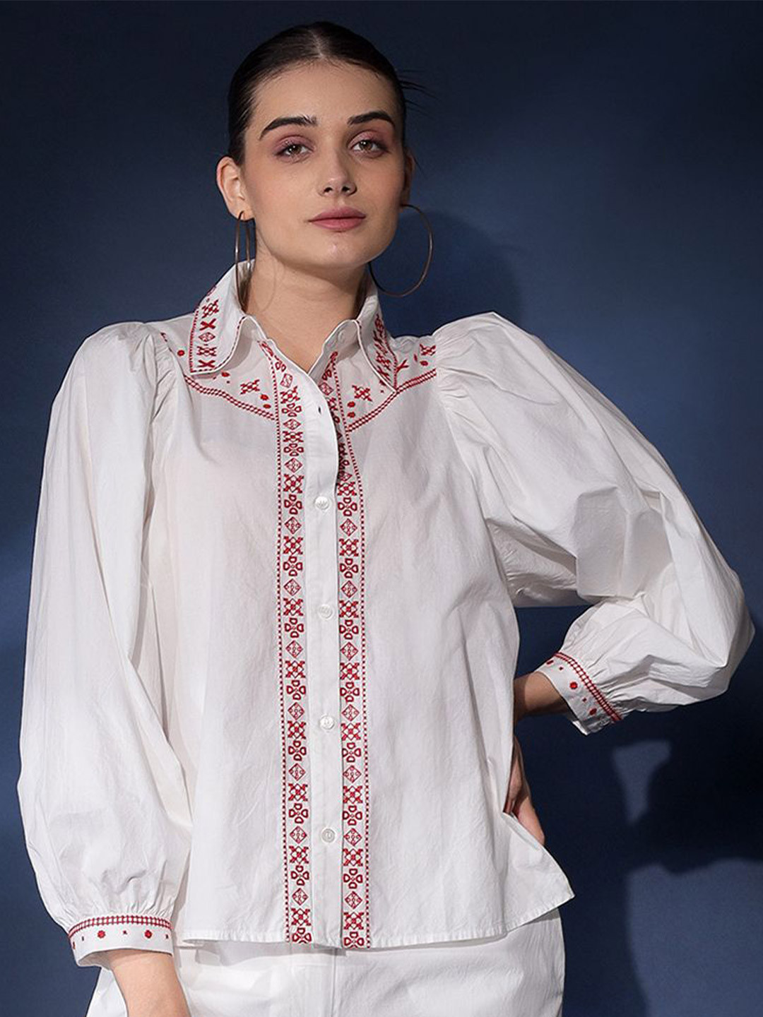 Saint G Women Floral Embroidered Shirt Style Cotton Top