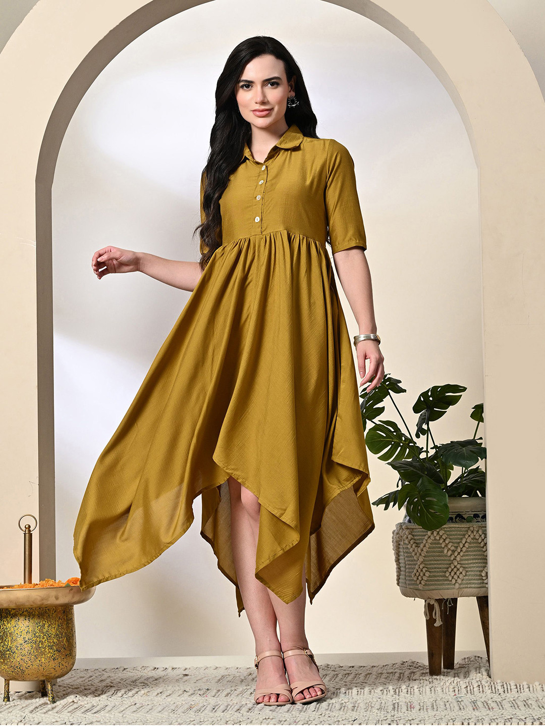 DECKEDUP Women's Shirt Collar Short Sleeves Asymmetric Hemline Shirt Midi Dress