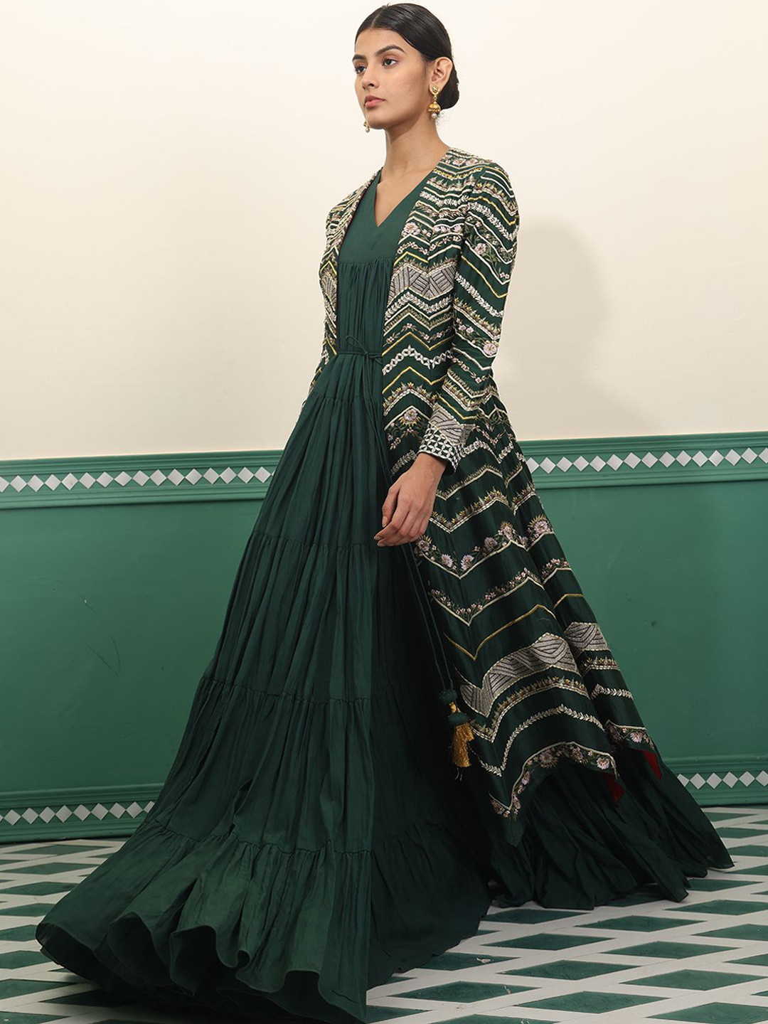 SAMANT CHAUHAN Chanderi Silk Fit & Flare Tiered Maxi Ethnic Dress With Embellished Jacket