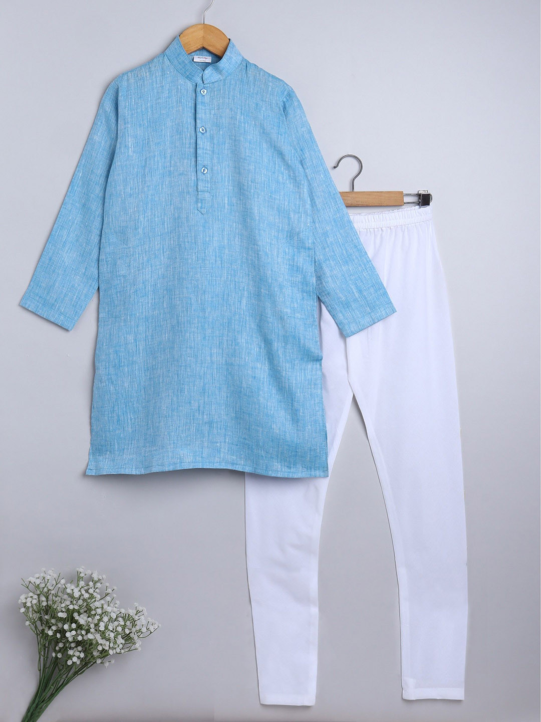 Little Clothings Boys Linen Band Collar Straight Kurta With Churidar
