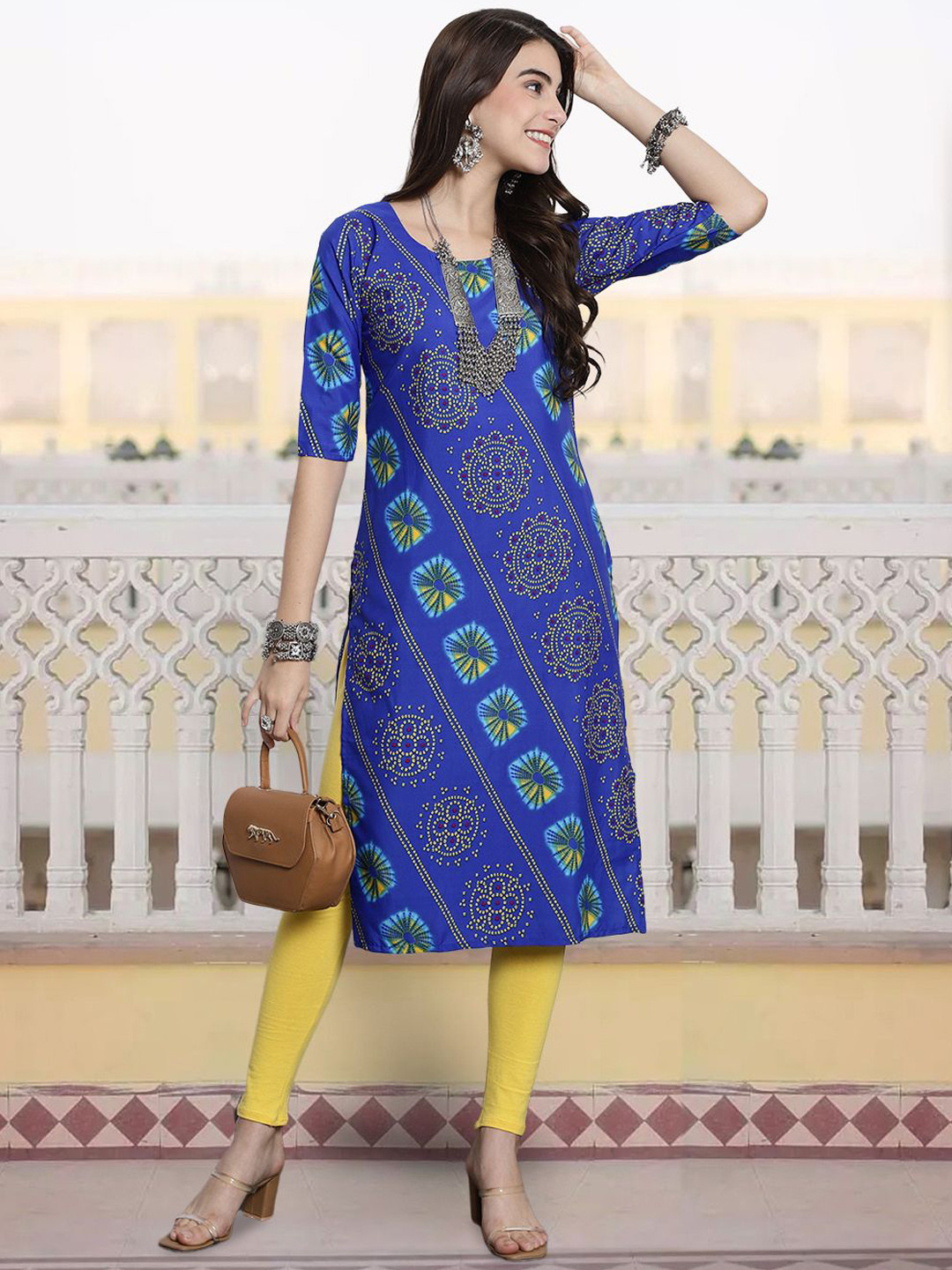 7Threads Ethnic Motifs Digital Bandhani Printed Round Neck Regular Sleeves  Straight Kurta