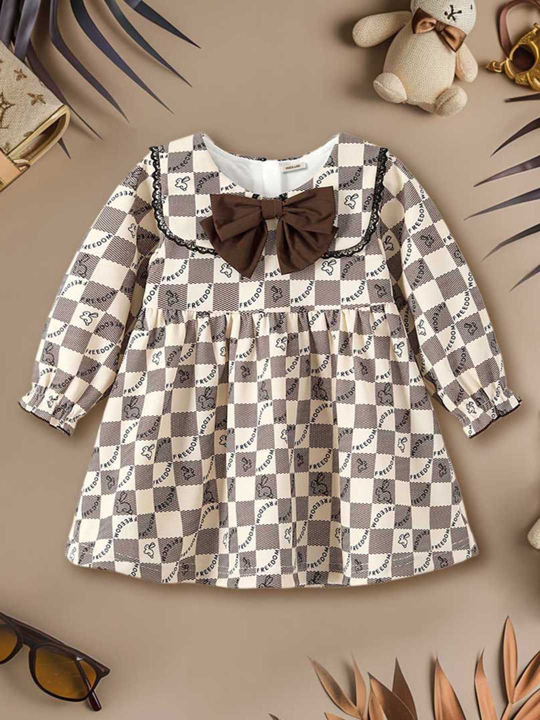 INCLUD Girls Checked Peter Pan Collar Puff Sleeve A-Line Dress