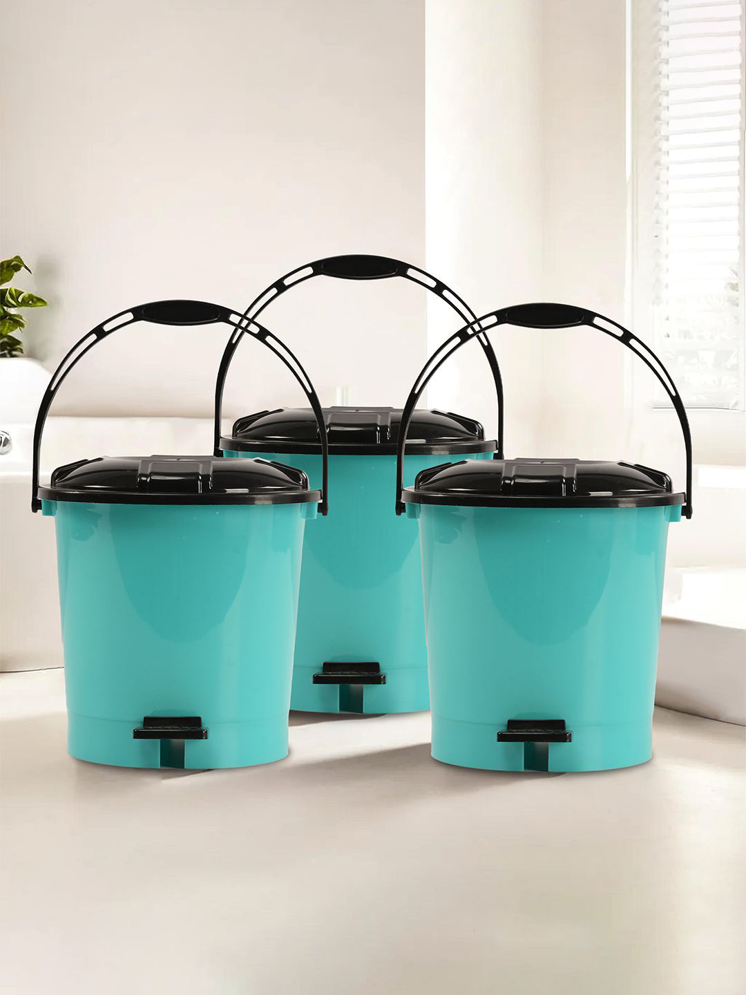 Kuber Industries Green & Black 3 Pieces Pedal Dustbins 5L Each