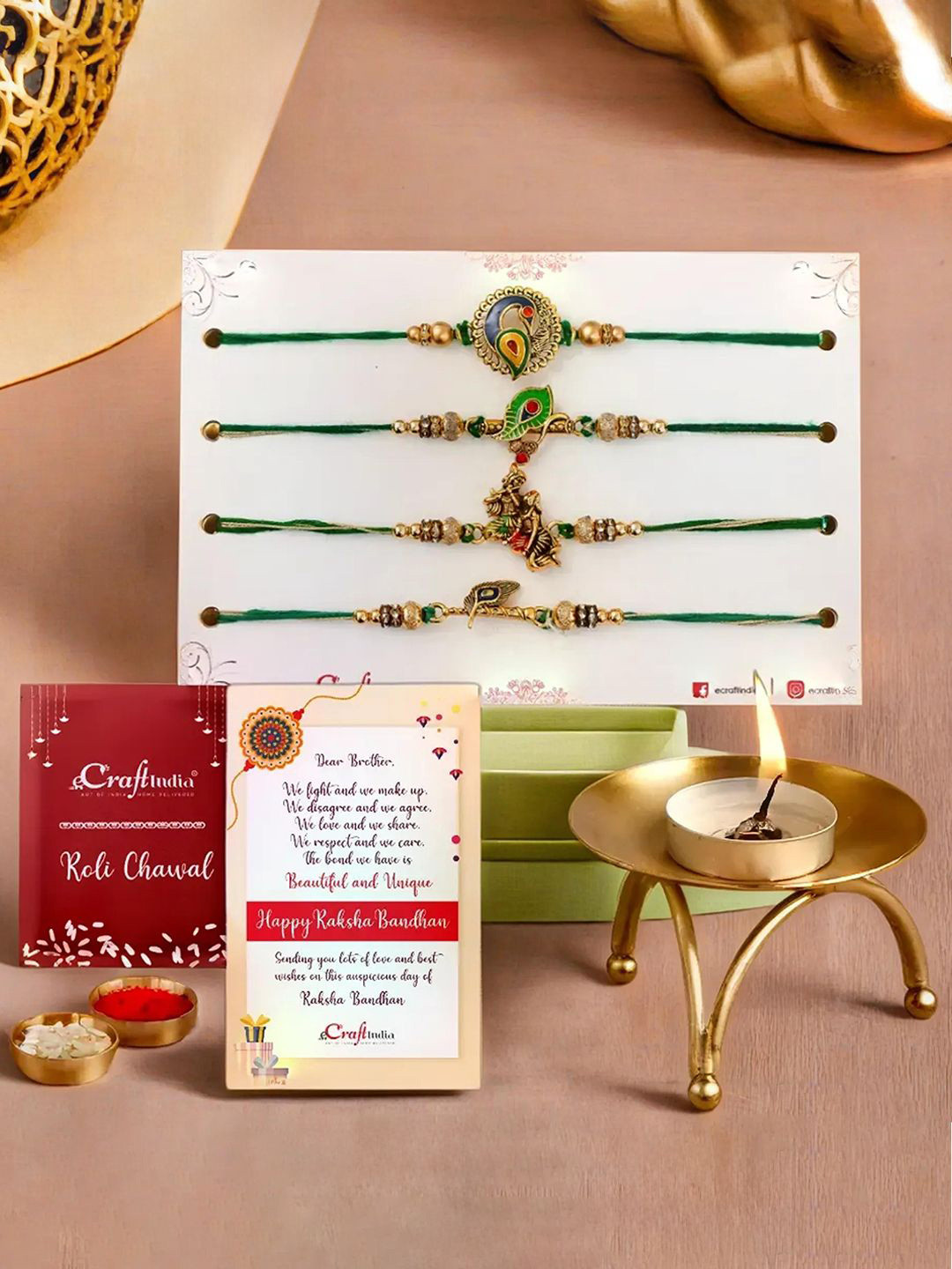 eCraftIndia Set Of 5 Rakhi With Light Candle Holder Gift Set