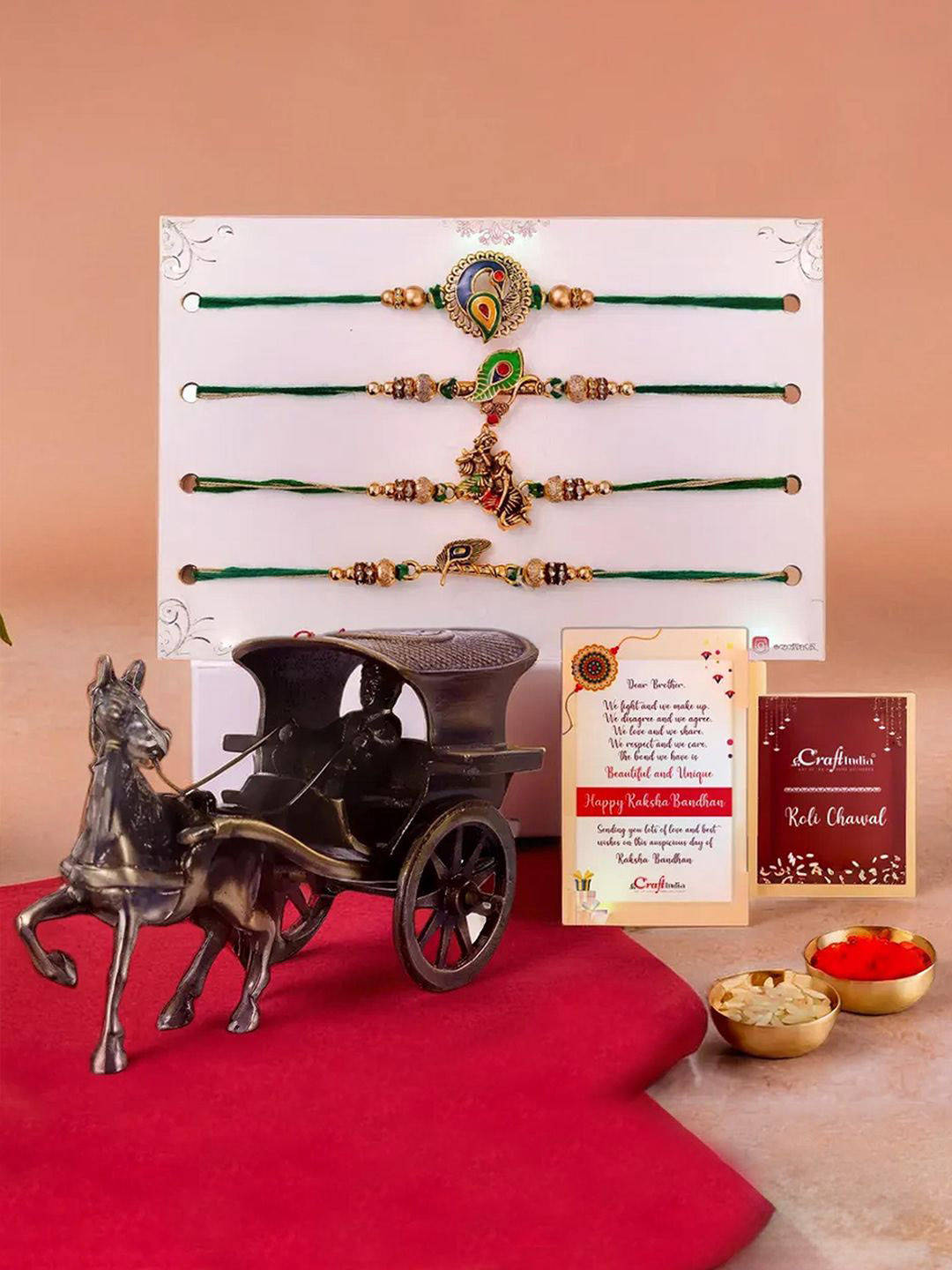 eCraftIndia Set of 5 Beaded Rakhis With Horse Carriage Showpiece