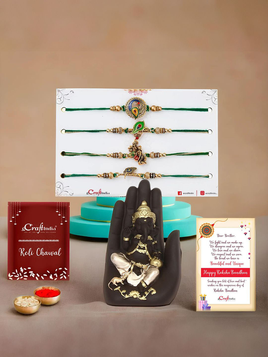 eCraftIndia Set of 5 Thread Rakhi & Golden Palm Ganesha Idol With Roli Chawal