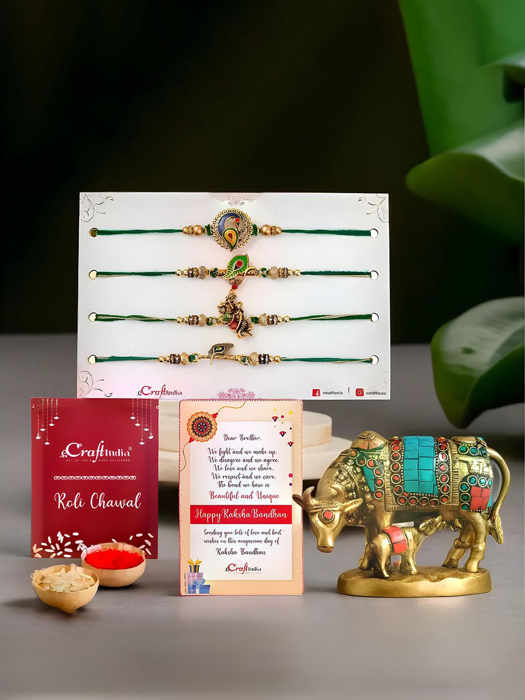 eCraftIndia Set Of 4 Radha Krishna & Peacock Rakhis With Cow and Calf IdolStatue Showpiece