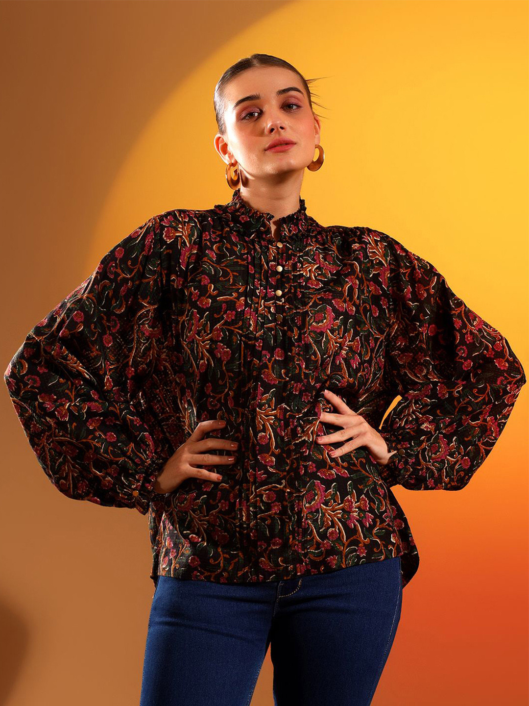 Saint G Women Floral Printed Mandarin Collar Cotton Top