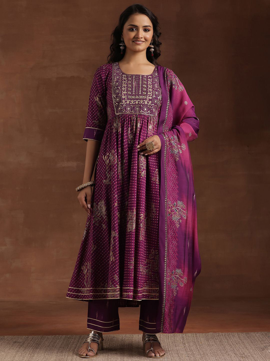 Libas Womens Purple Printed Anarkali Kurta With Trousers & Dupatta