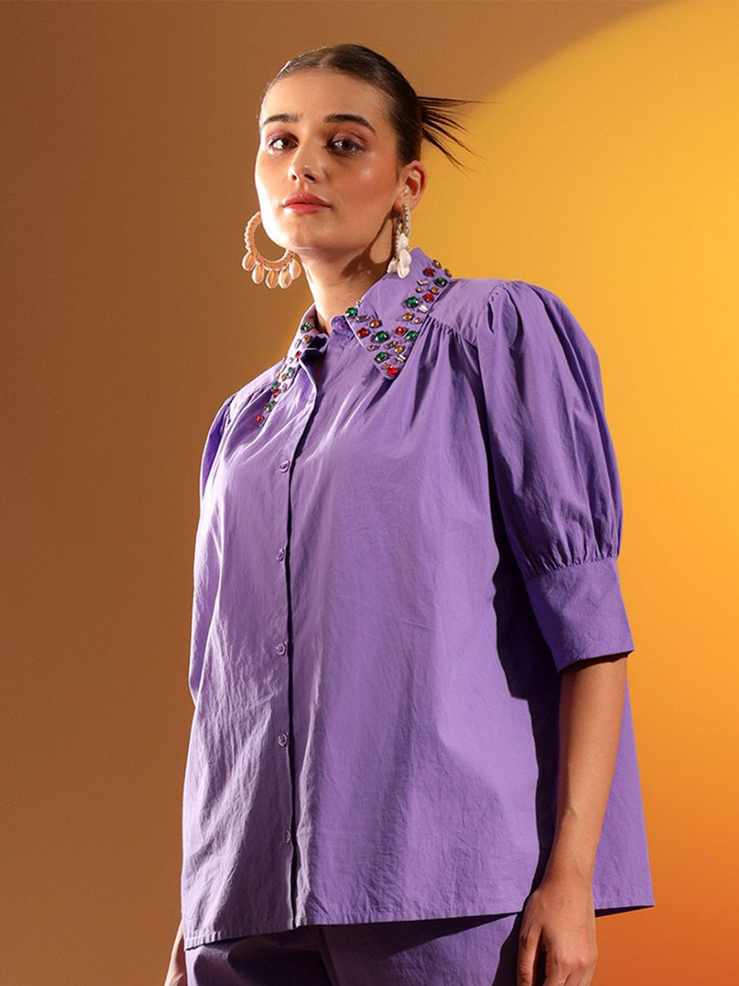 Saint G Women Embellished Solid Shirt Collar Cotton Top
