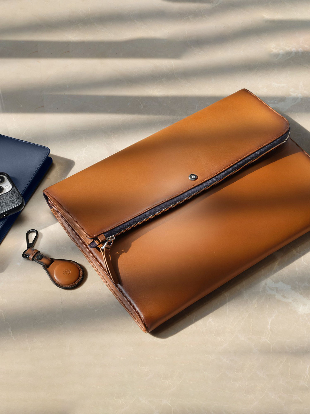 Lapis Bard Cognac Ducorium Leather 13-inch Laptop Sleeve with Cross Body Shoulder Strap