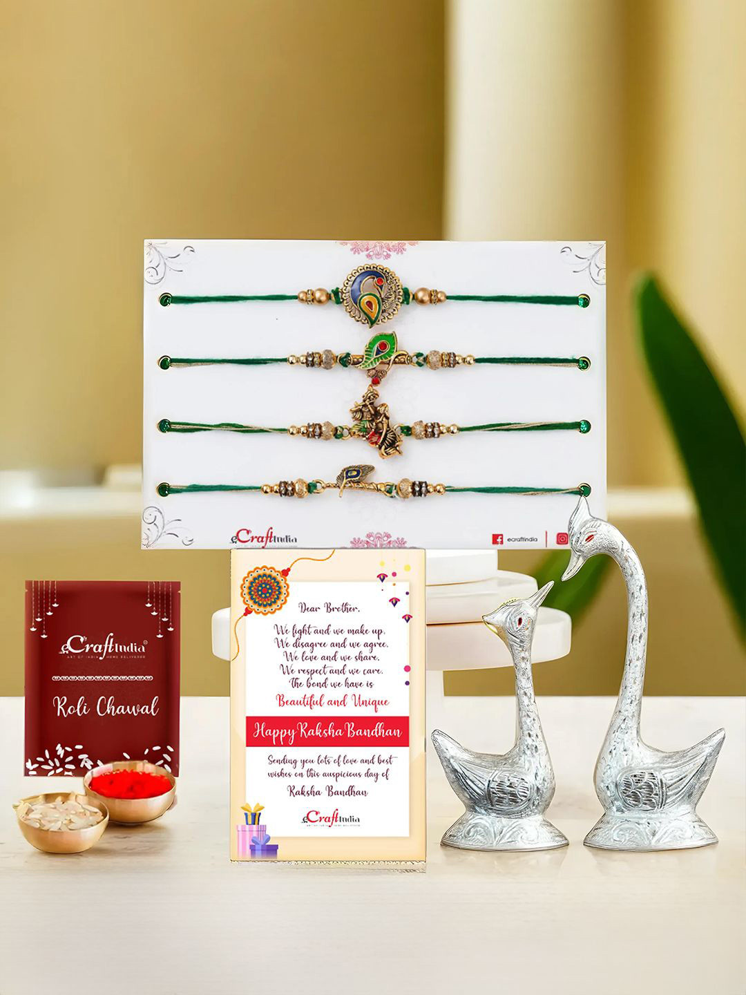 eCraftIndia Set Of 6 Rakhi Silver Kissing Swan Couple Statues & Roli Chawal