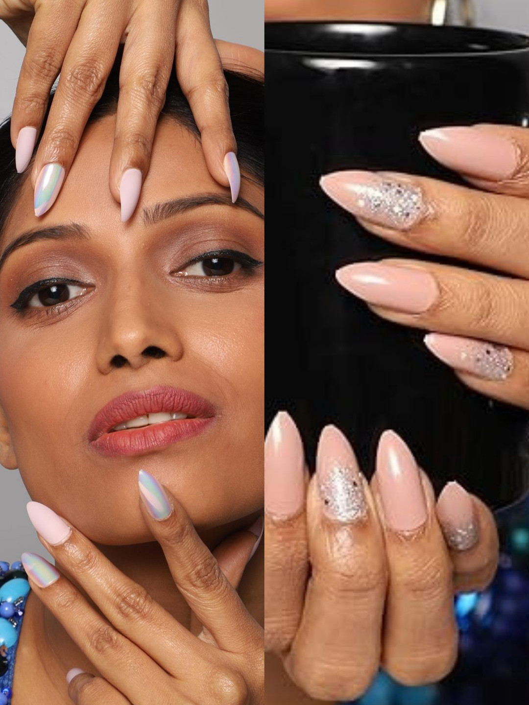 LICK Pack Of 2 Acrylic Press On Nails With Quick Dry Glue - Beige Sparkles & Blush Pink