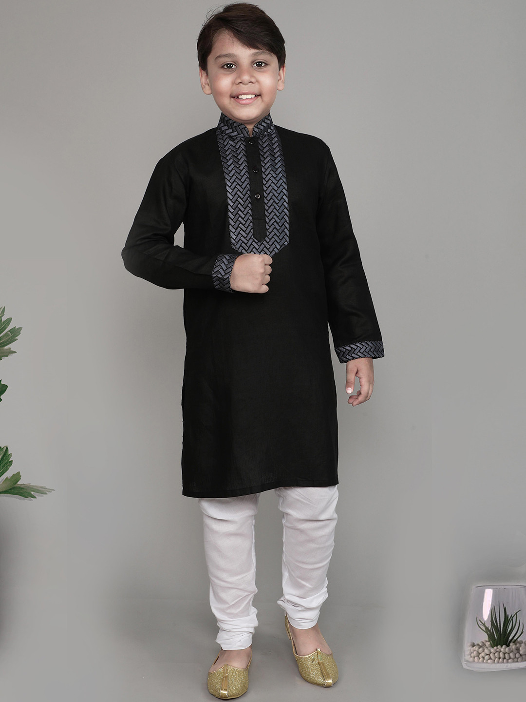 Little Clothings Boys Yoke Design Embroidered Mandarin Collar Linen Kurta With Churidar