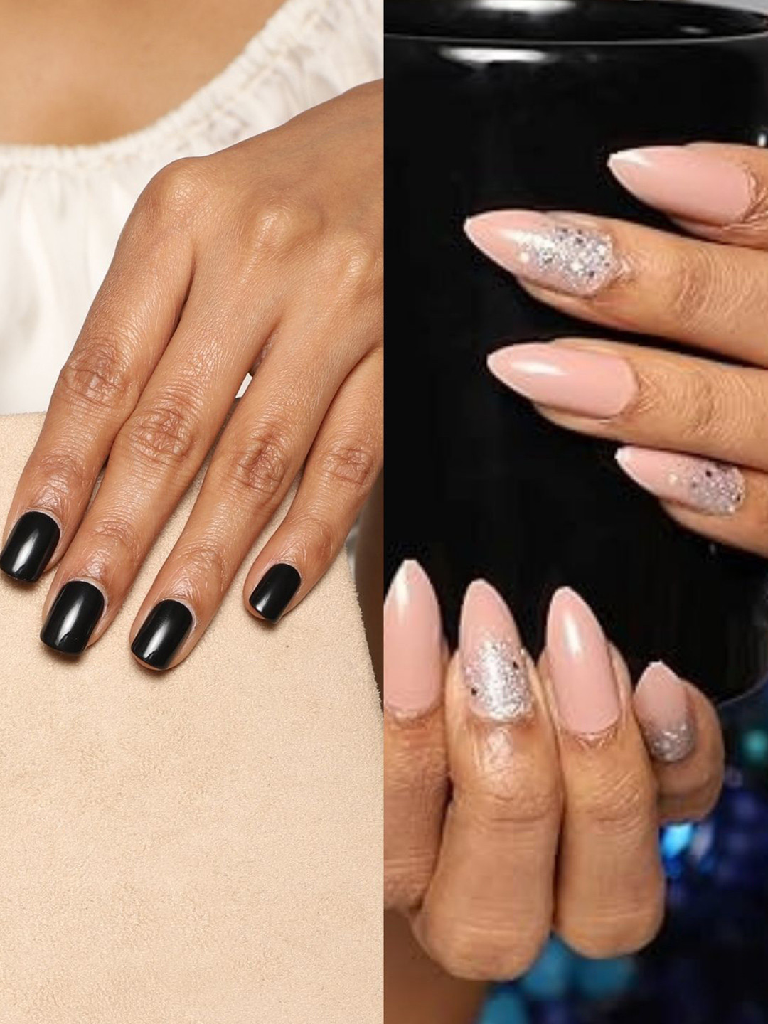 LICK Pack Of 2 Acrylic Press on Nails With Quick Dry Glue - Beige Sparkles & Rich Black