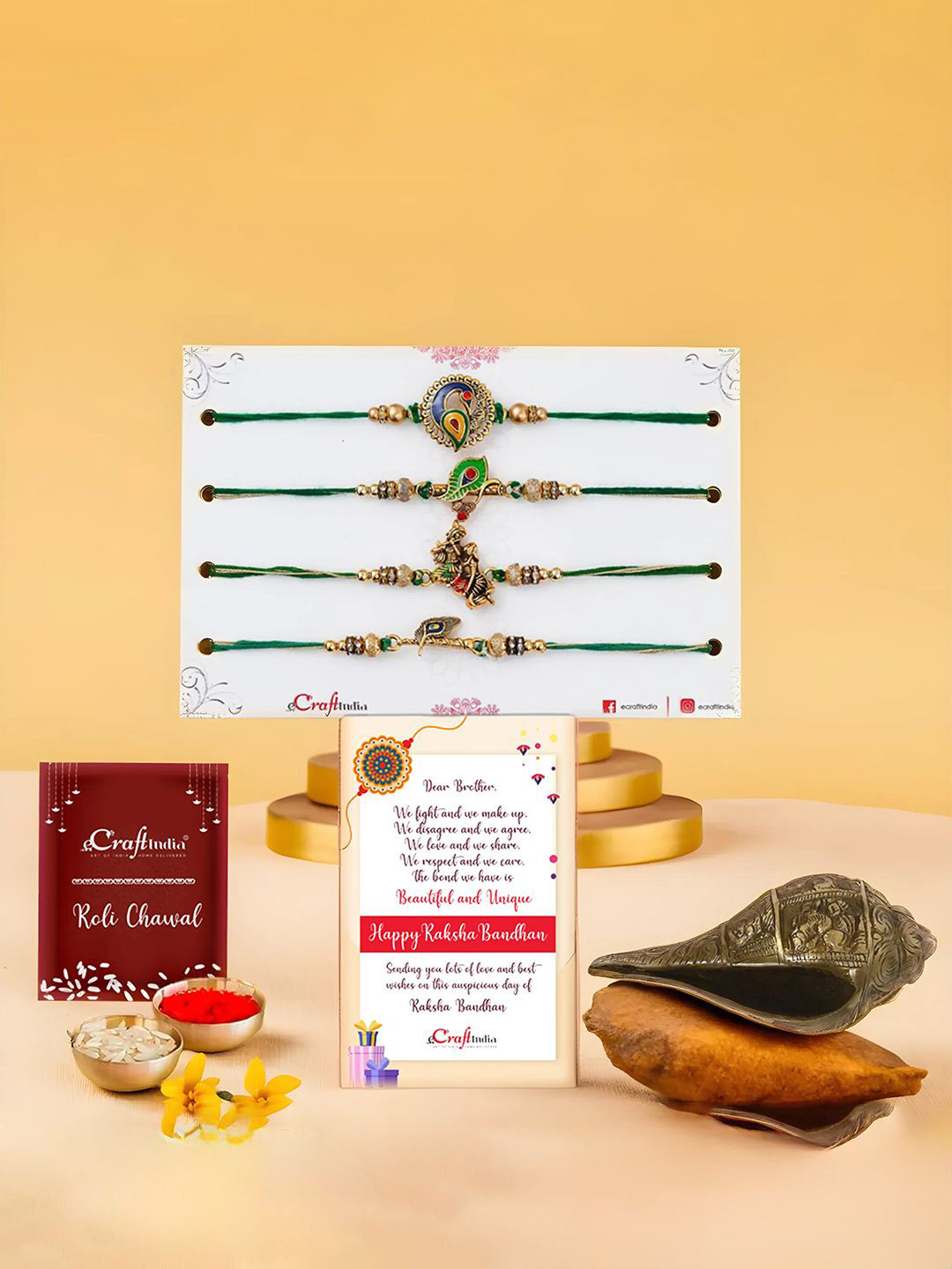 eCraftIndia Set Of 5 Radha Krishna &Peacock Rakhis With Ganesha Design Conch Shell Shankh