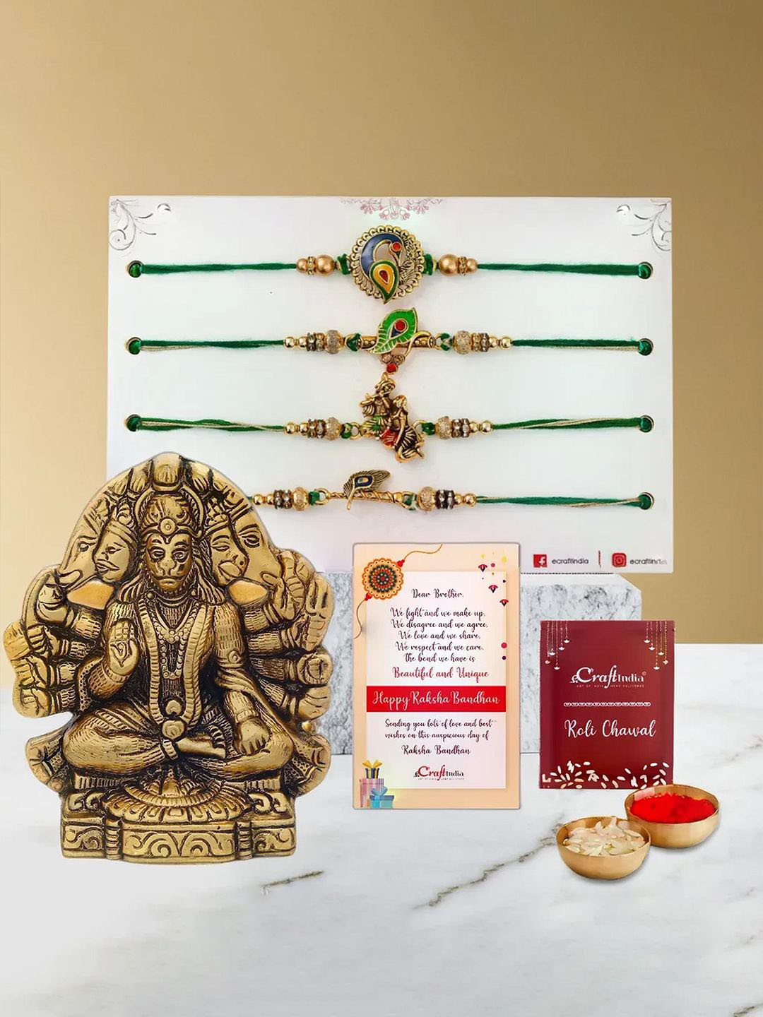 eCraftIndia Set Of 4 Rakhi With Statue Greeting Card & Roli Chawal