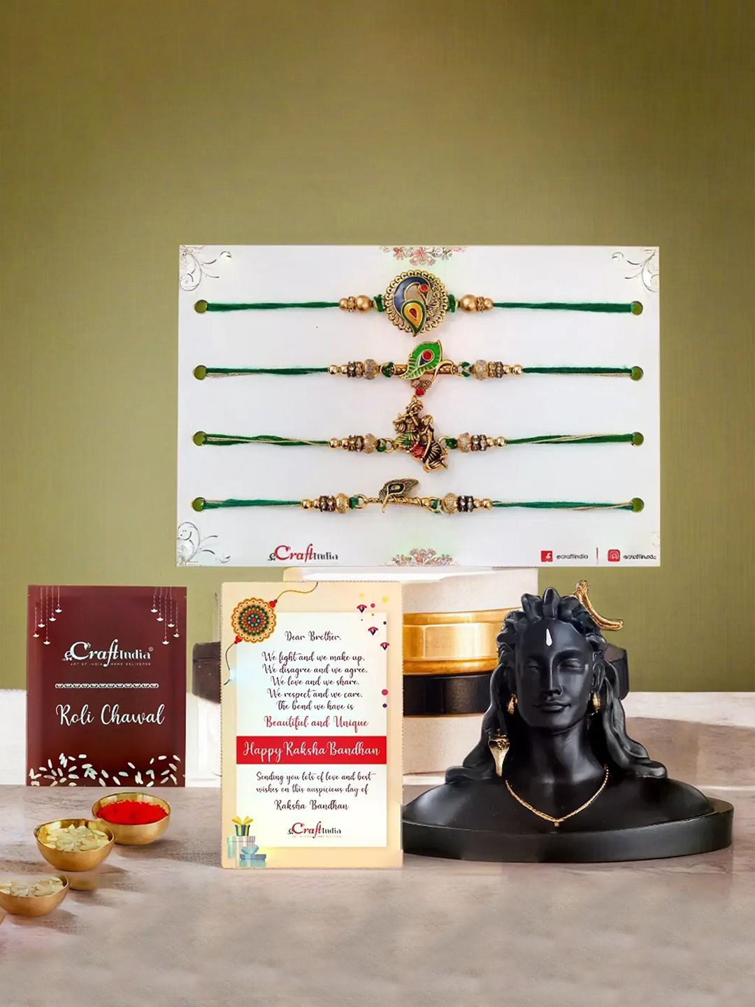 eCraftIndia Set of 4 Designer Rakhis With Adiyogi Lord Shiva Statue