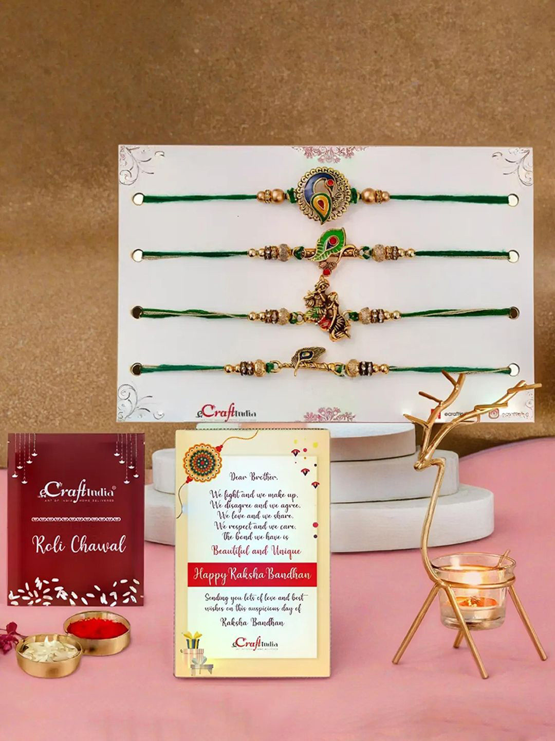 eCraftIndia Set Of 5 Rakhi With Candle Holder Gift Set