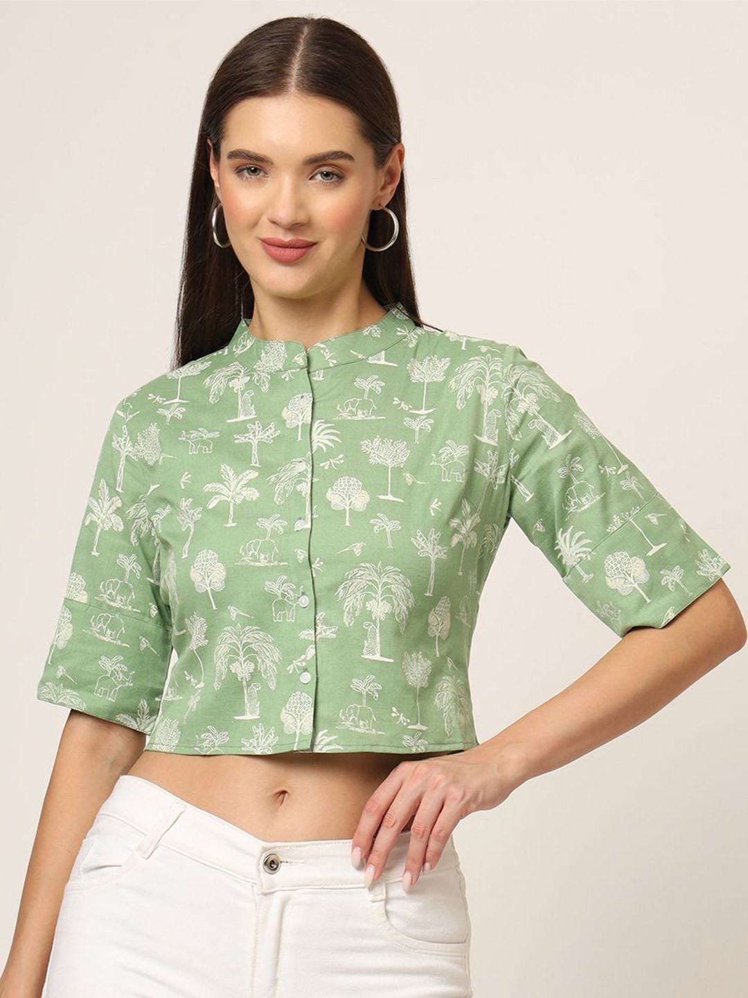 Rediscover Fashion Women Tropical Printed Mandarin Collar Cotton Top