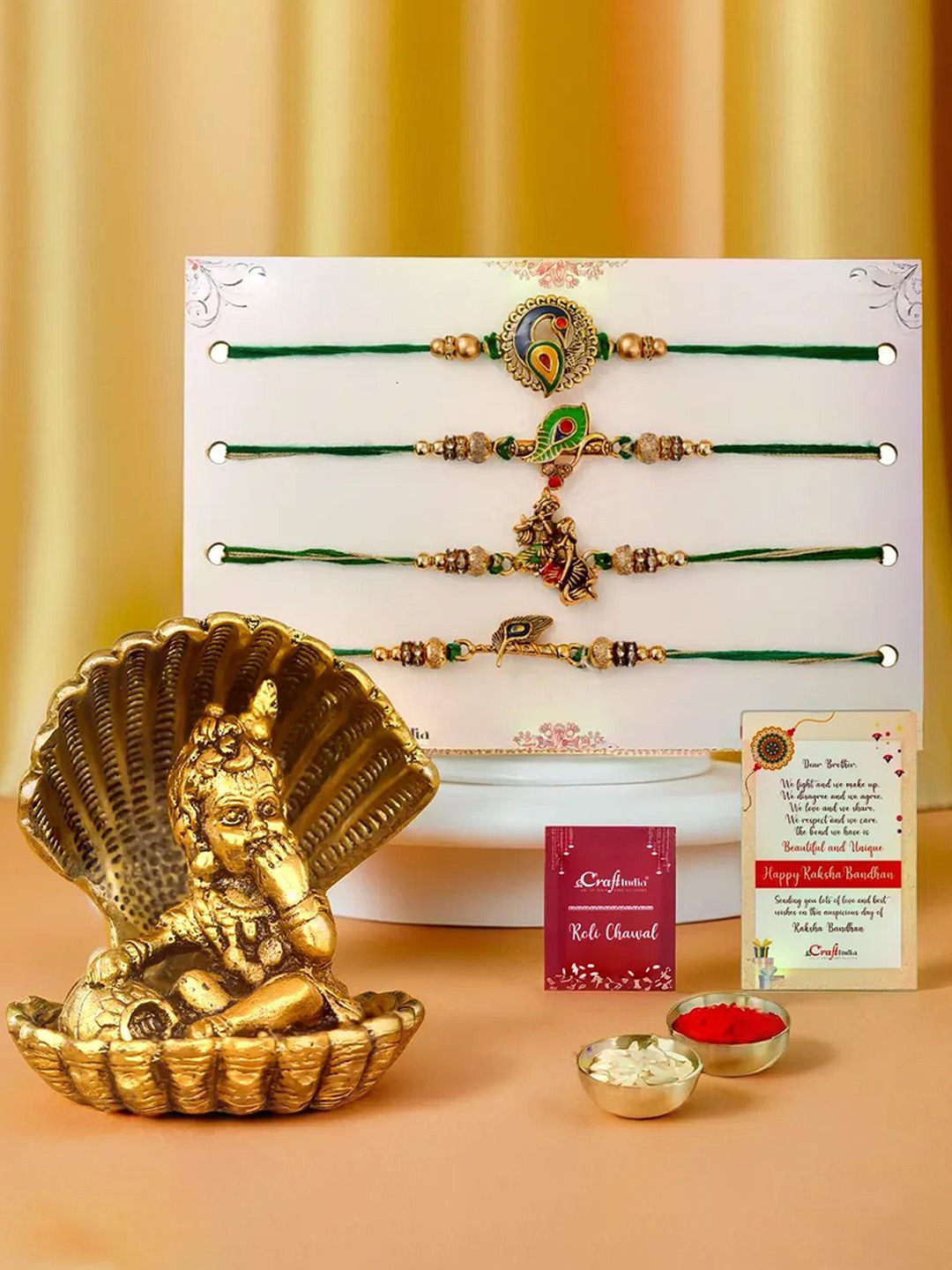 eCraftIndia Set Of 5 Radha Krishna & Peacock Rakhis With Golden Little Krishna Statue