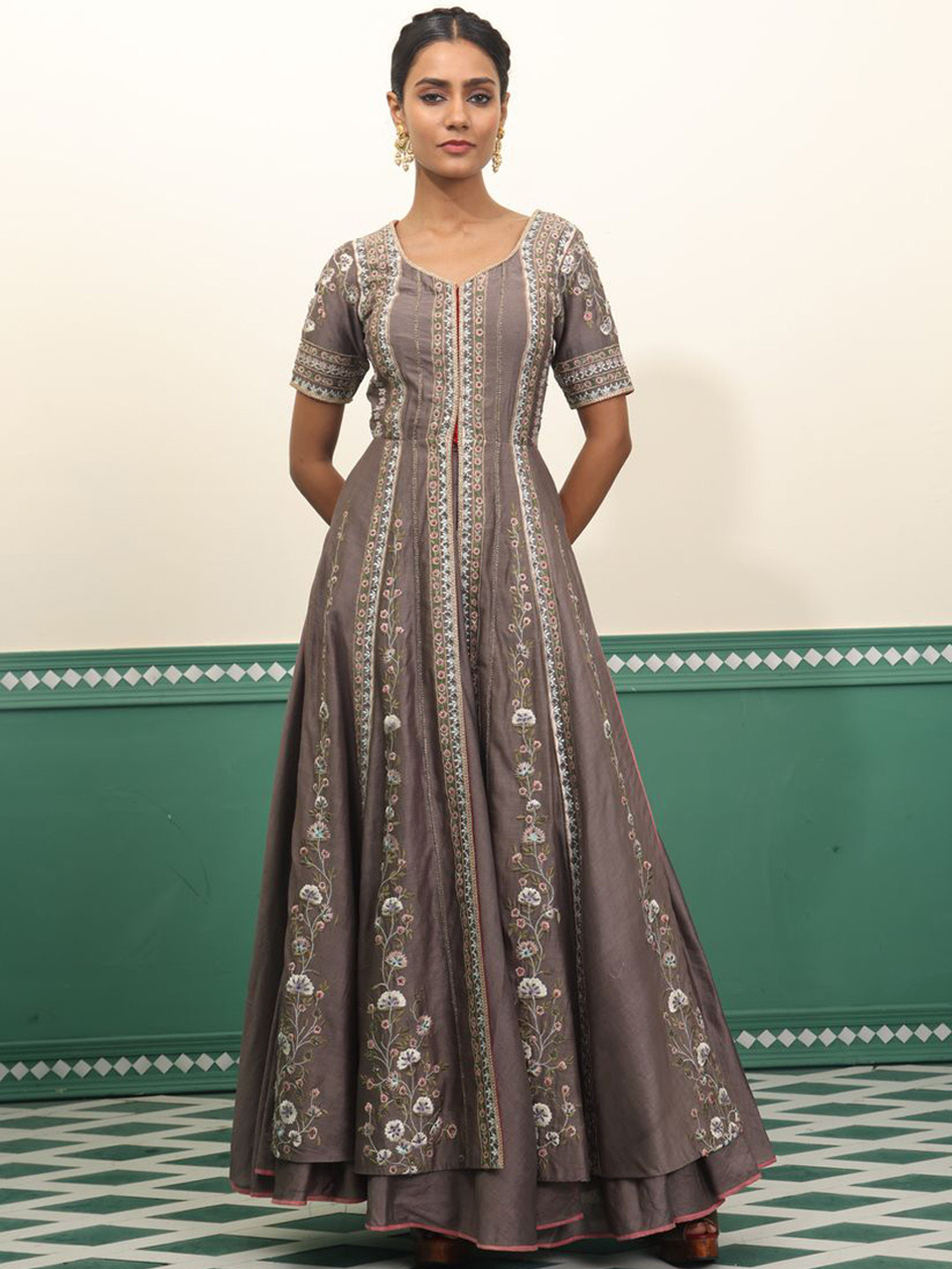 SAMANT CHAUHAN Floral Embroidered Cotton Silk Front Open Maxi Ethnic Dress