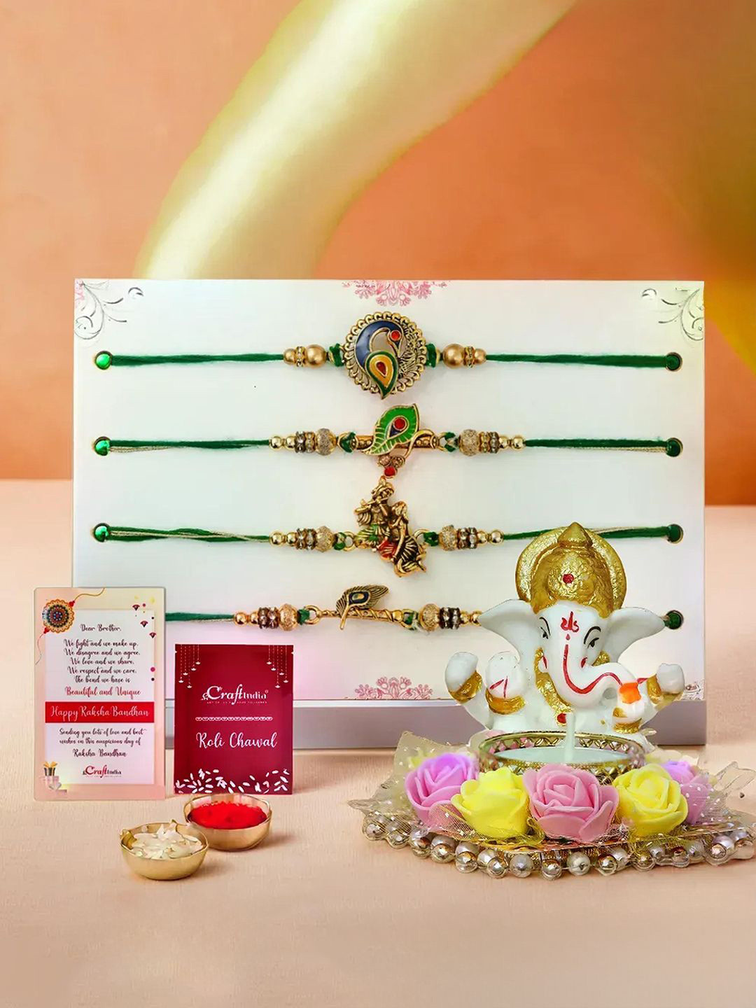 eCraftIndia Set of 5 Designer Rakhis With Ganesha Idol Tea Light Holder