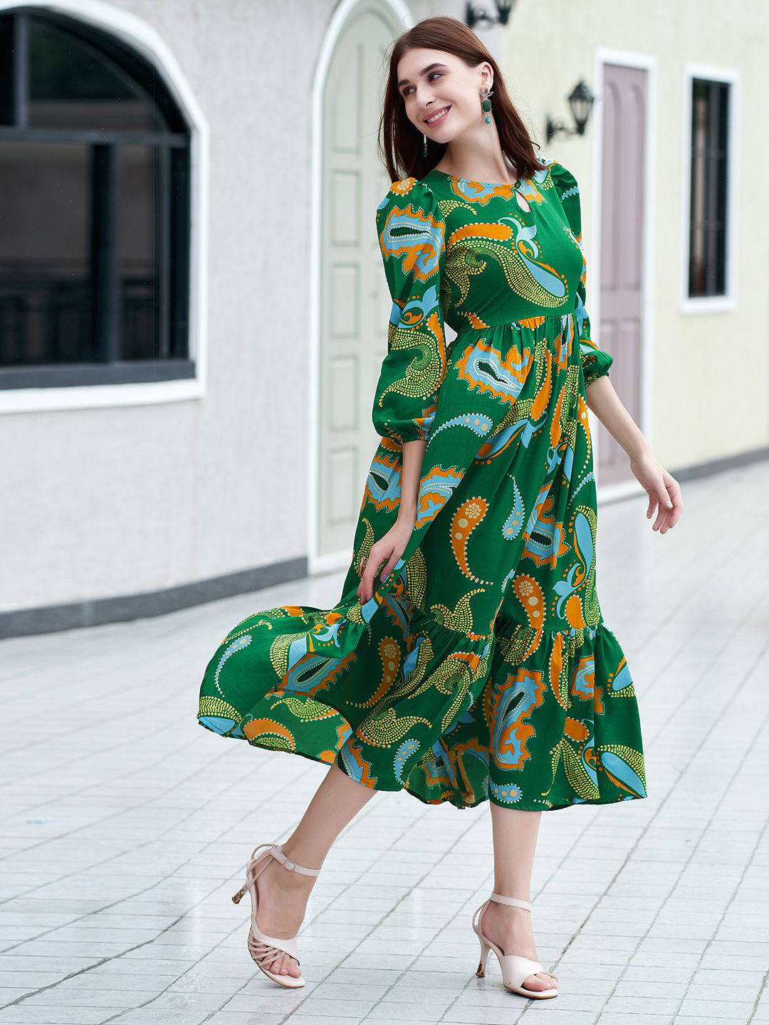 Selvia Women's Bohemian Print Puff Sleeve Crepe Fit & Flare Midi Dress