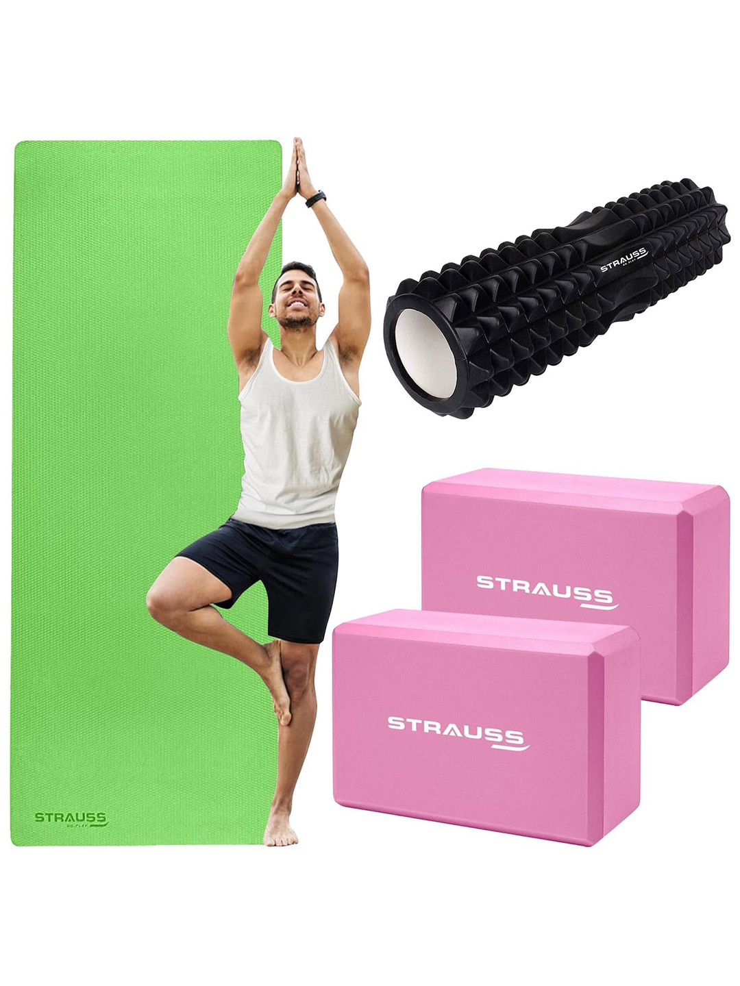 STRAUSS 4 Pcs Anti Slip Yoga Mat, Yoga Block & Roller